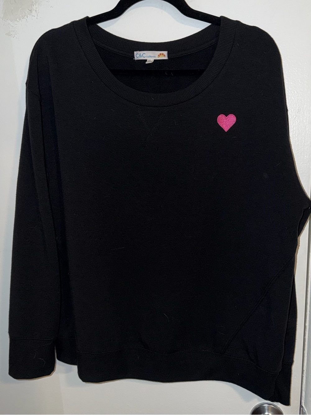 C&C California Black Crewneck Sweatshirt with Small Heart Embroidery